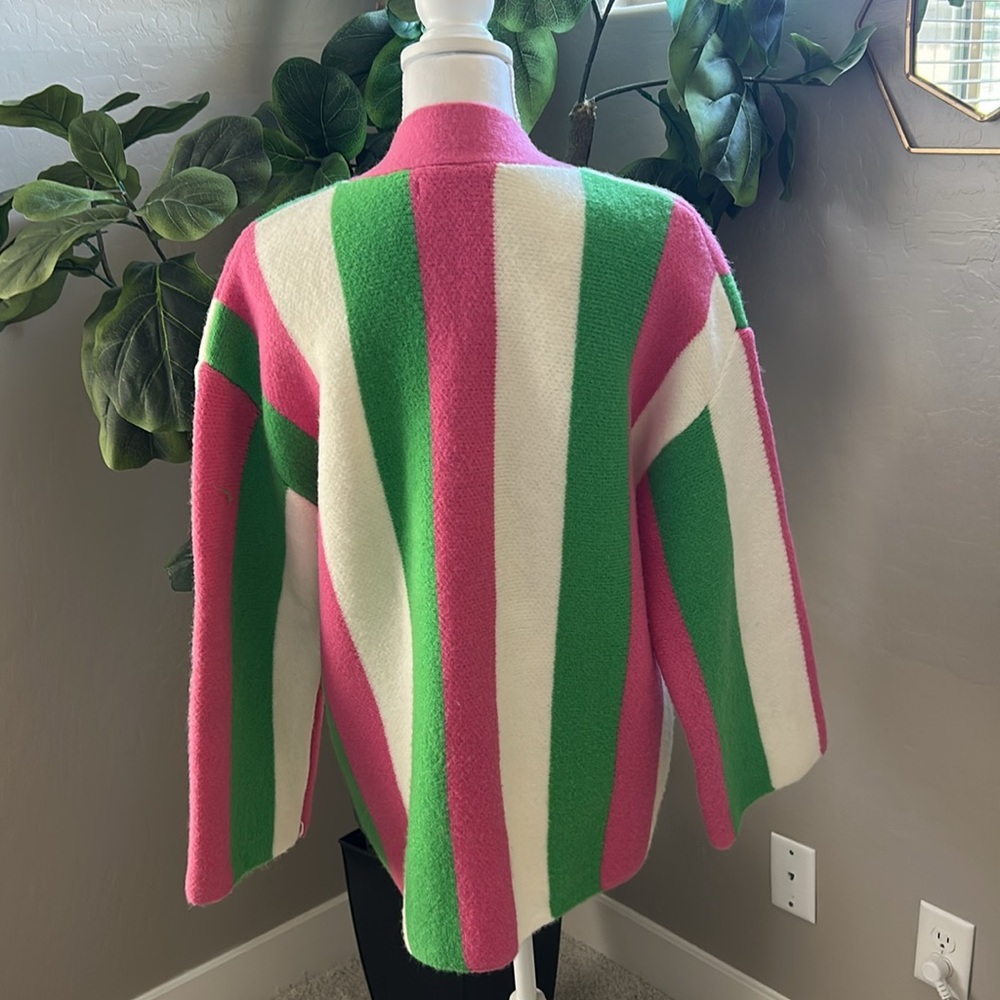 😊 Pink and Green Color-Block Cardigan Sweater - Picture 2 of 7